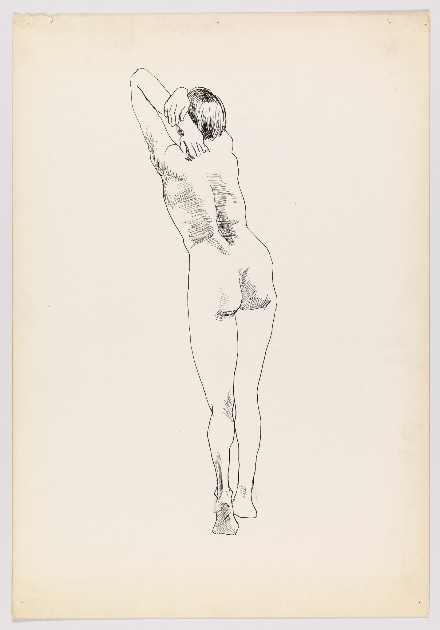Black ink drawing of a nude person standing from behind with arms raised overhead.