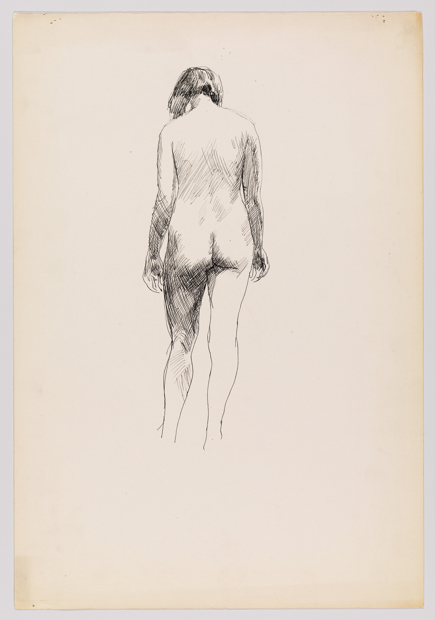 A pen sketch of a naked woman standing and walking away, viewed from behind.