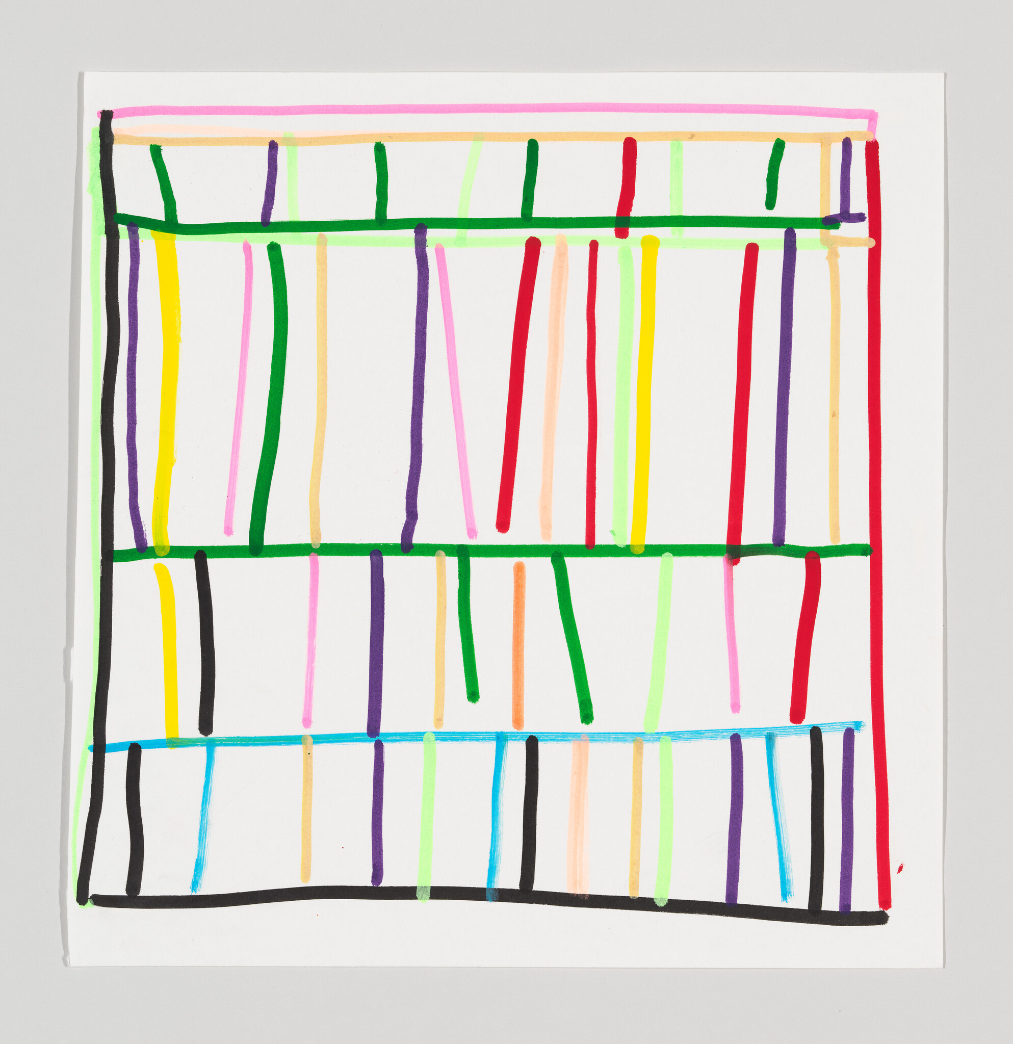 Bright hand-drawn grid of multicolored vertical lines divided by three green horizontal bars on white paper.