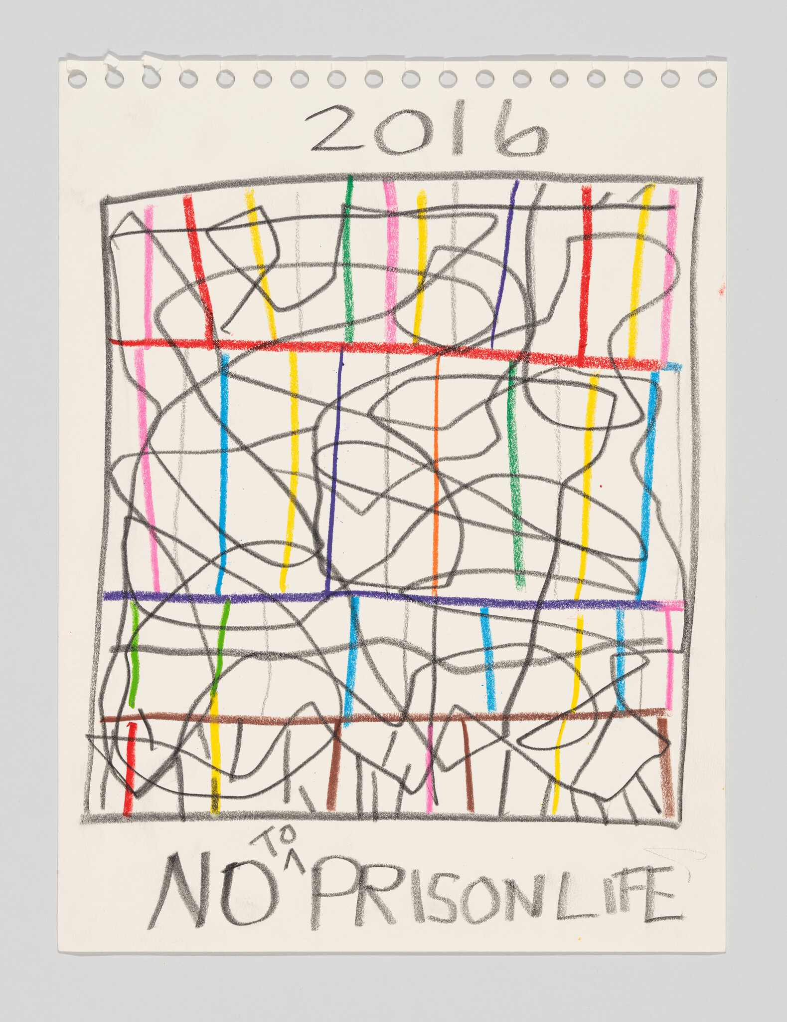 Crayon drawing of colorful grid and scribbles with "2016" at top and "No to prison life" text.