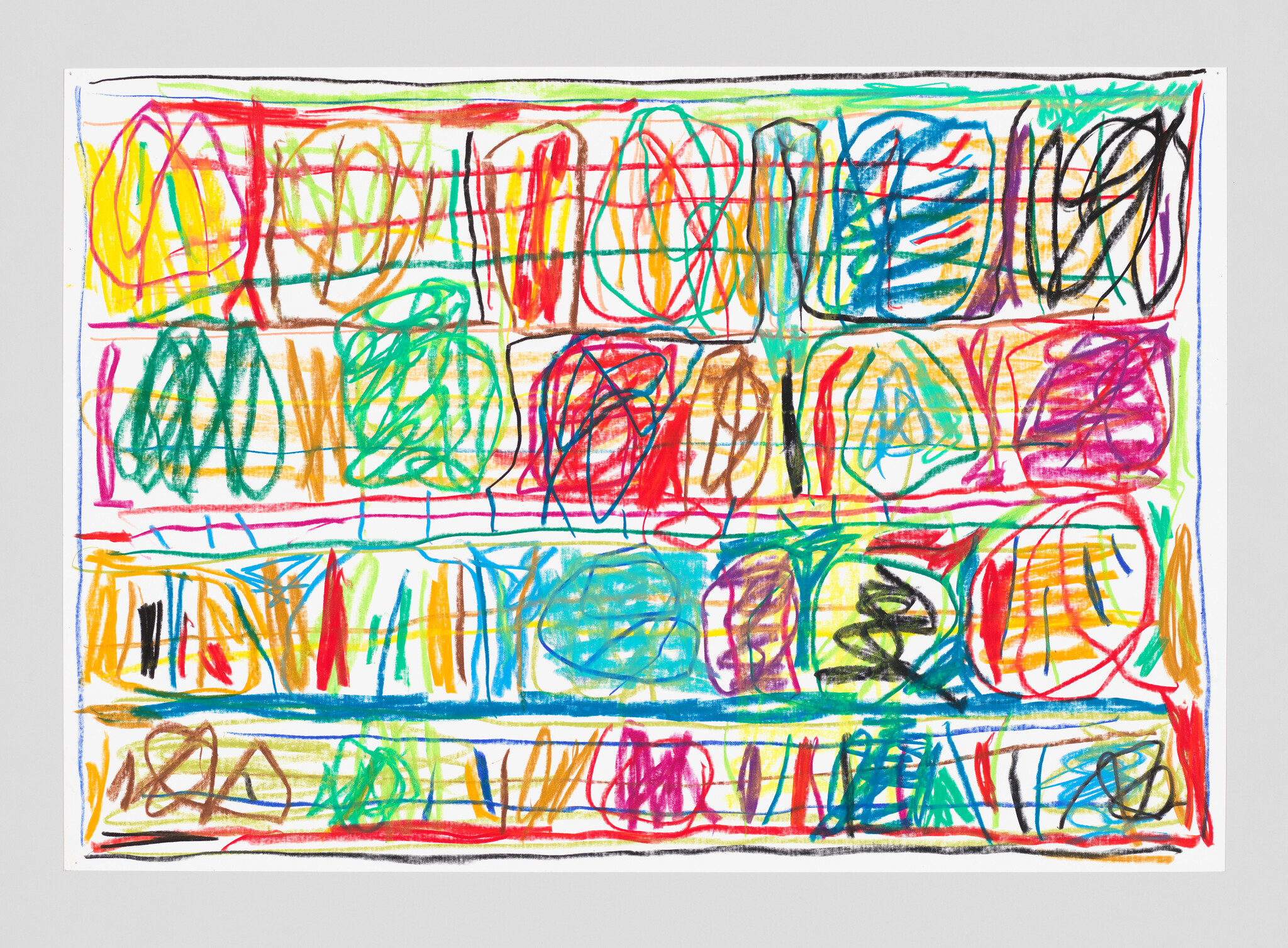 Bright multicolored crayon scribbles fill a grid of rectangular cells across the page.