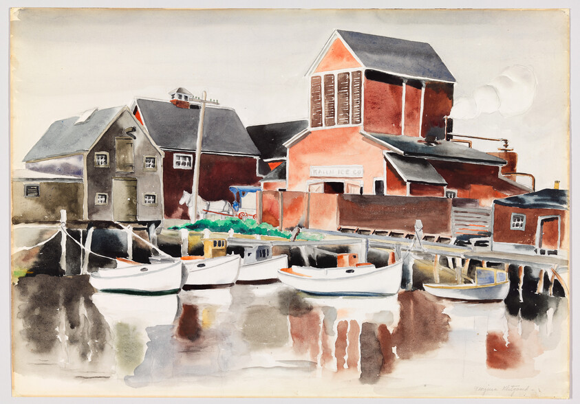 Several small fishing boats tied to a dock in front of red industrial buildings with reflections.