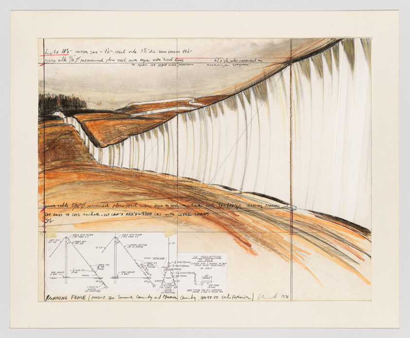 A drawing of a long white fabric fence running across hills with handwritten notes and diagrams.