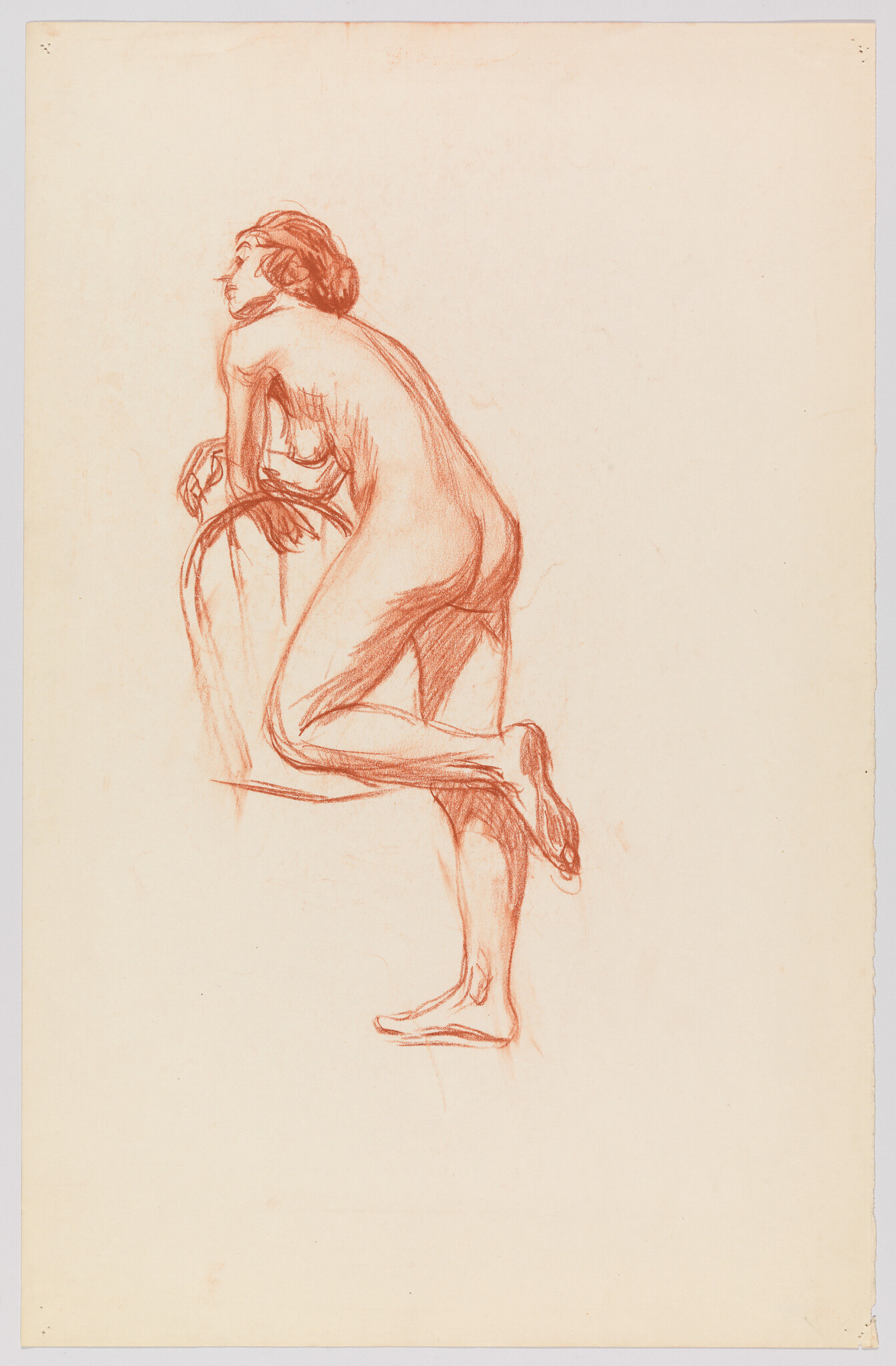 Nude woman leaning forward on a stool with one leg bent and foot raised.