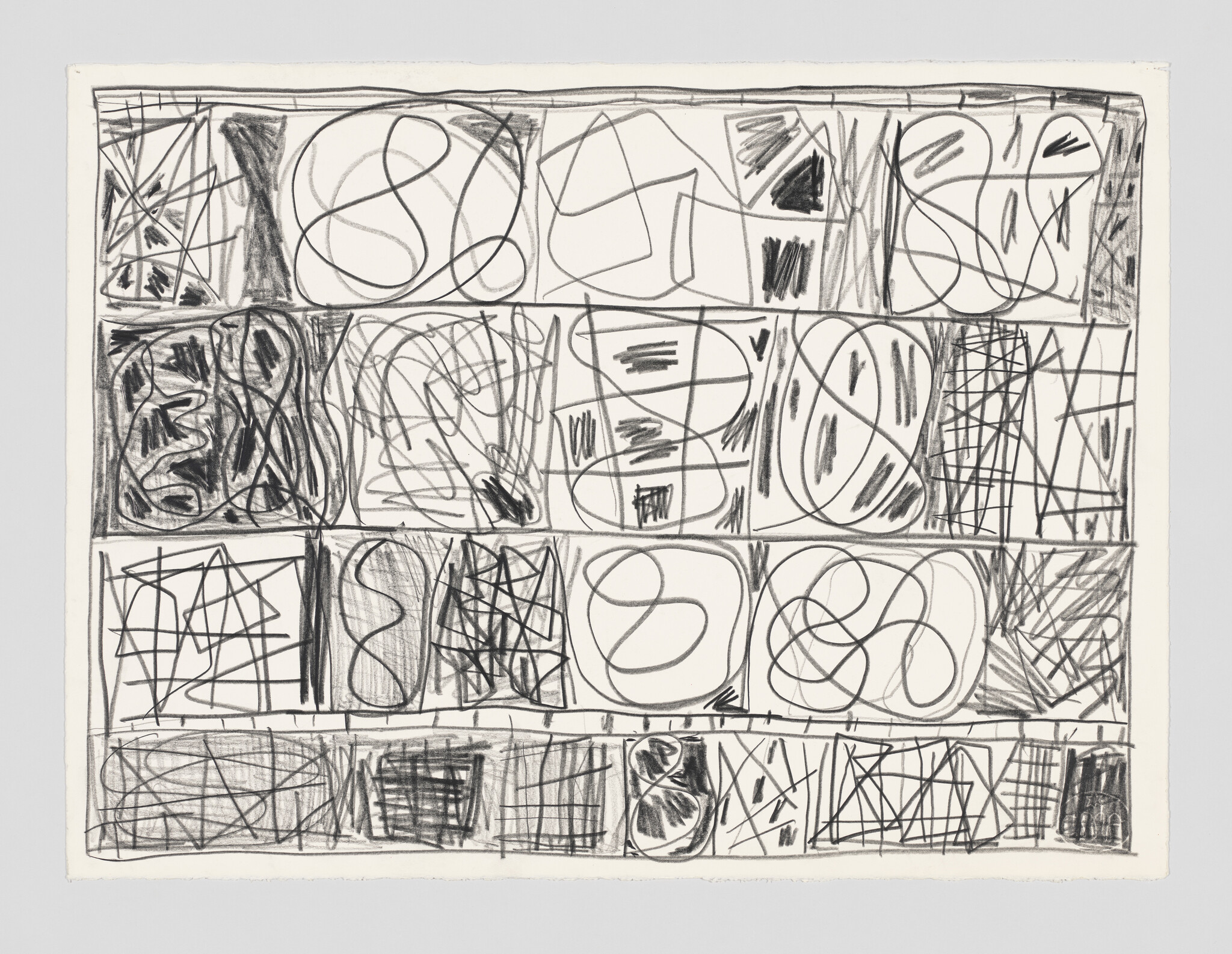 Grid of rectangular panels filled with charcoal scribbles, loops, and crosshatched marks.