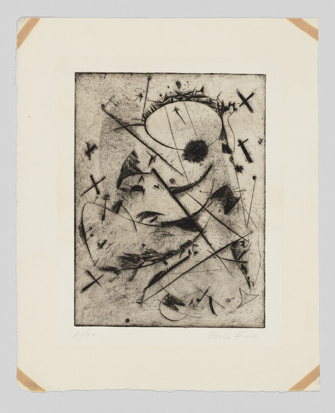 An etching with abstract forms and scribbles, featuring a central eye-like shape surrounded by crosses, curved lines, and star-like marks. The artwork is numbered and signed by the artist in the lower margin, mounted on paper with adhesive residue at the corners.