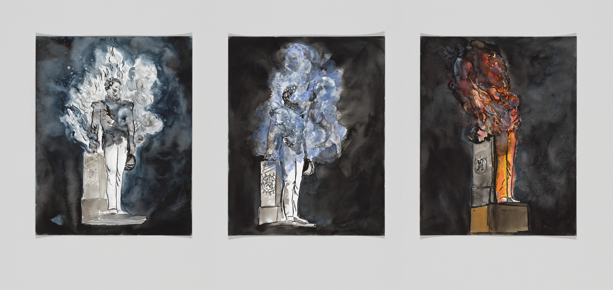 Three images of a statue on a black background being engulfed in a blue cloud, then flames.
