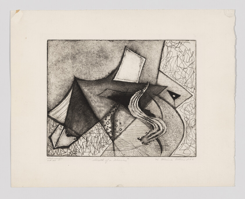 Overlapping geometric shapes and a sweeping ribbon-like curve form a textured black-and-white abstract composition.