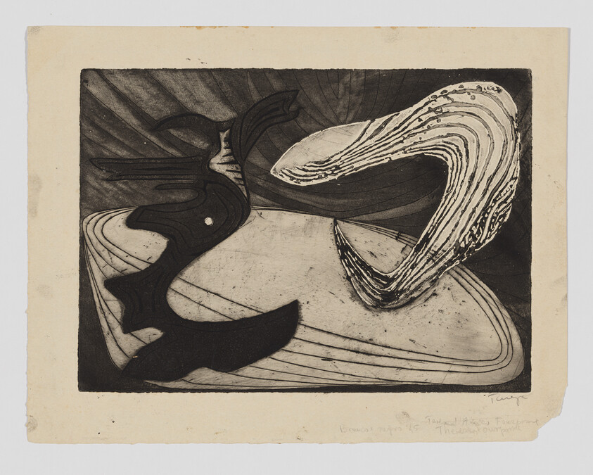 Two large abstract swirling shapes hover above layered curved lines in a monochrome print.