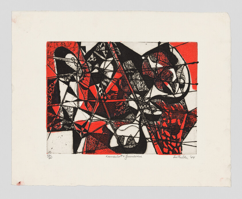 Abstract red and black geometric print with intersecting lines and textured shapes.