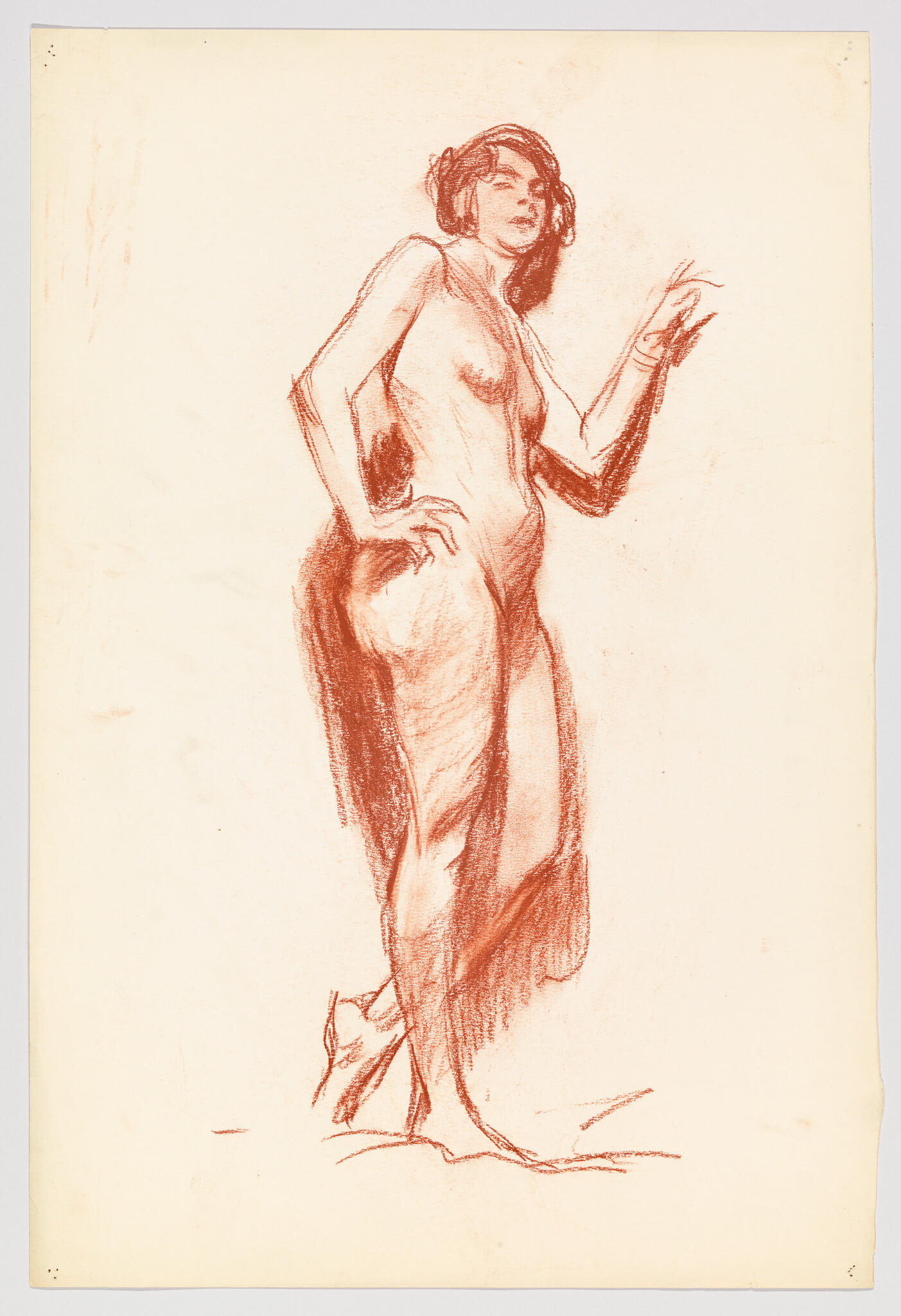 A red chalk sketch of a standing nude woman with one hand on her hip and the other raised.