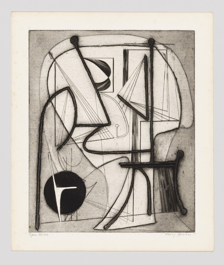 Abstract composition of intersecting curved rods, triangular sails, and a solid black circle.