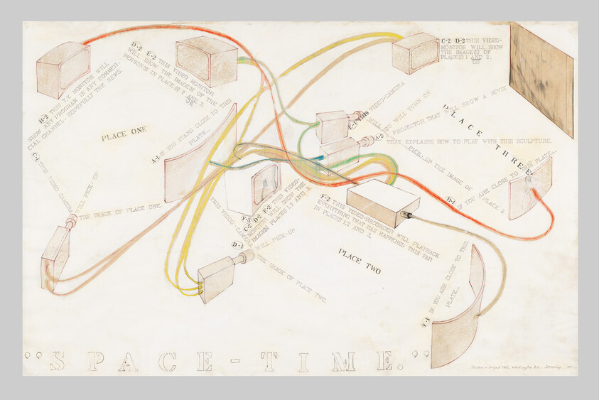 Diagram showing interconnected boxes linked by colored cables with the word "SPACE-TIME" at the bottom.