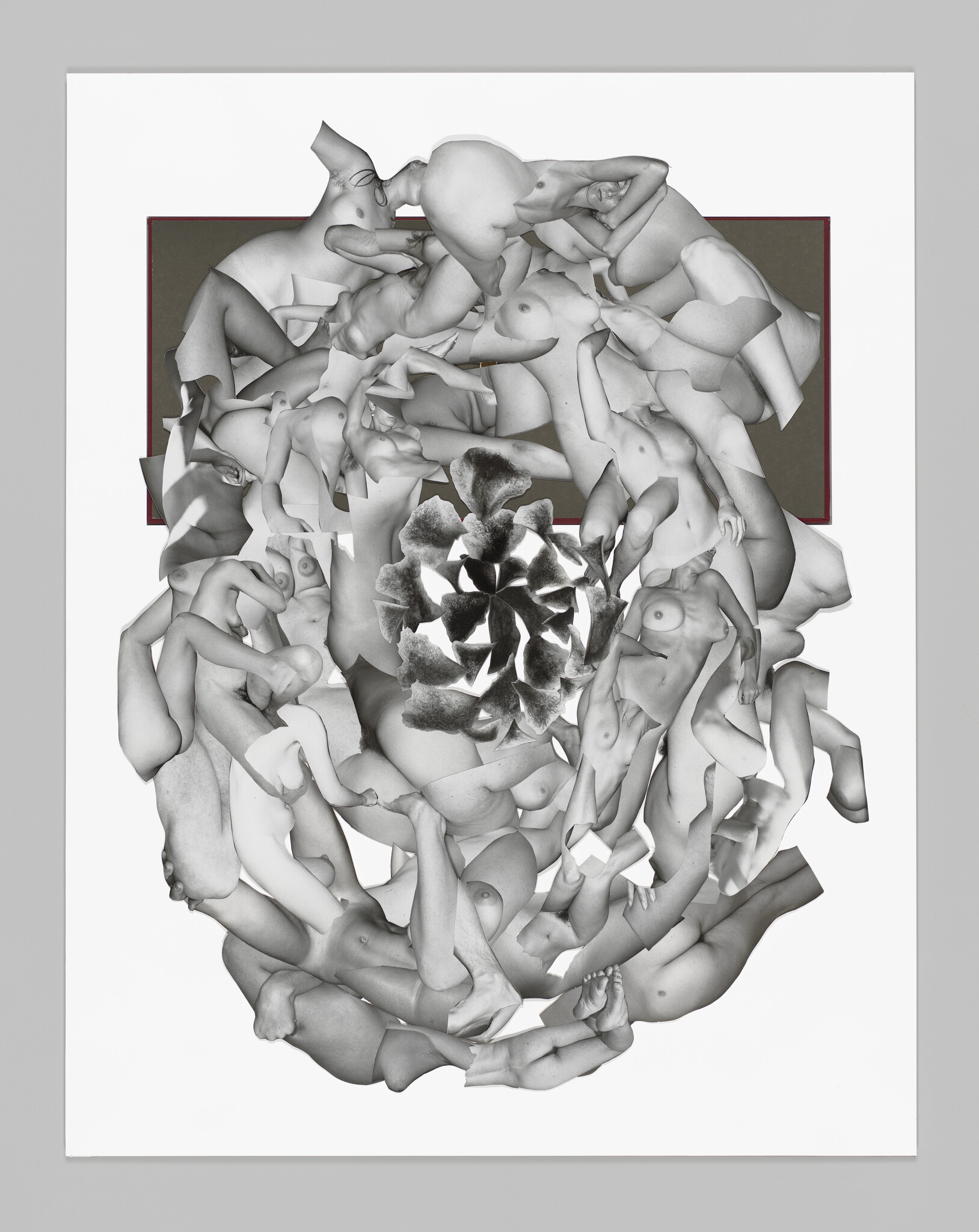 A grayscale collage of many overlapping nude bodies arranged in an oval around a central floral shape.