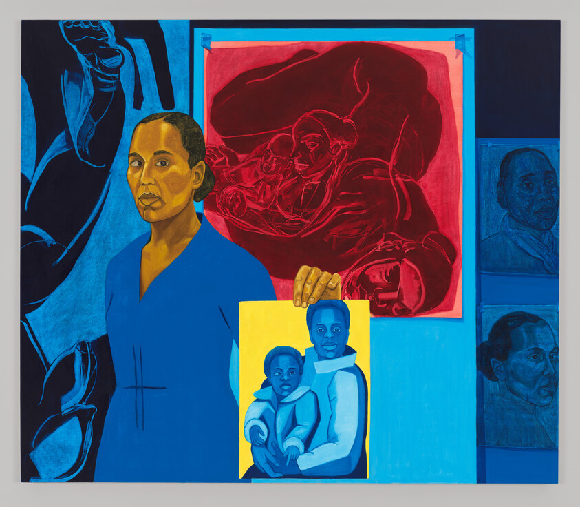 A person in blue holds a yellow portrait showing two children amid blue and red paintings.