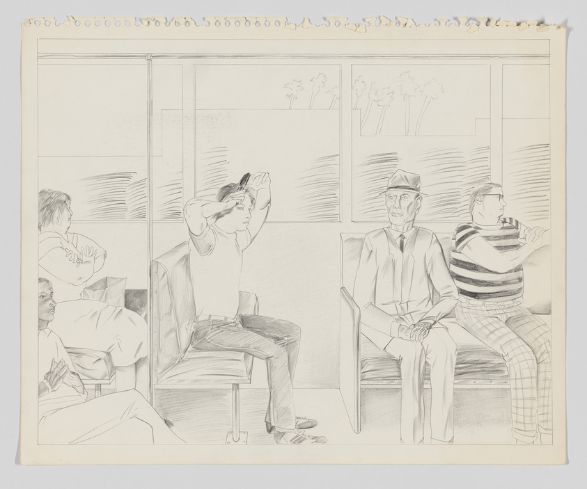 Pencil sketch of several individuals seated in what appears to be a public transportation setting, with windows showing trees and movement outside. The passengers are engaged in various activities: one is adjusting their glasses, another is sitting with crossed legs and hands folded, and a third is looking off to the side. The drawing style captures the scene with detailed line work and shading, conveying a candid moment of everyday life.