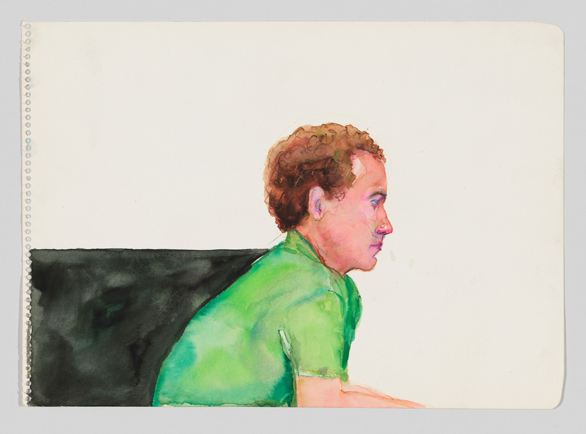 A watercolor painting of a person in profile view, with curly hair and wearing a green shirt, against a white background with a black abstract shape on the left side. The paper has a perforated edge on the left, suggesting it was torn from a spiral notebook.