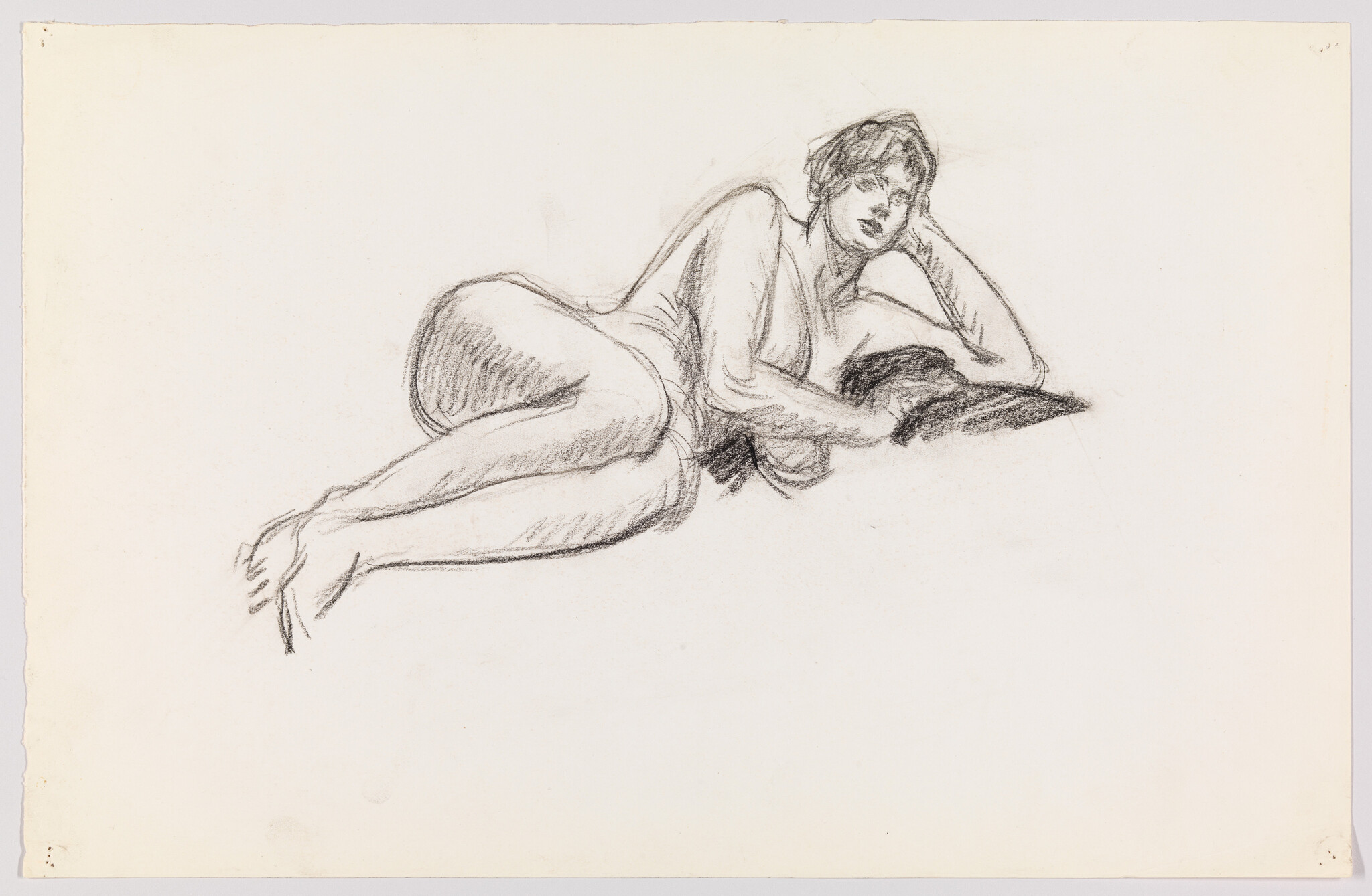 A charcoal sketch of a reclining woman propped on her elbow, resting her head on her hand.