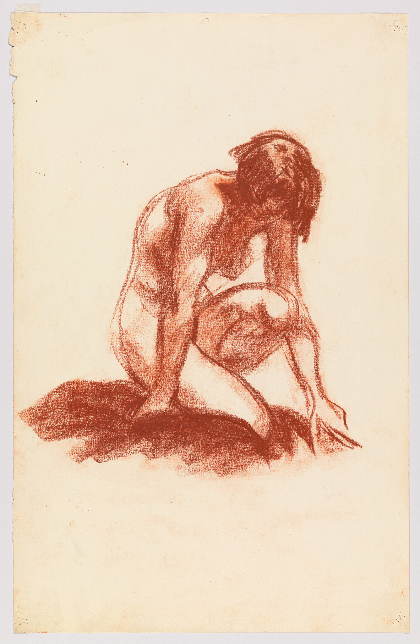 A kneeling nude figure leaning forward with hands touching the ground.