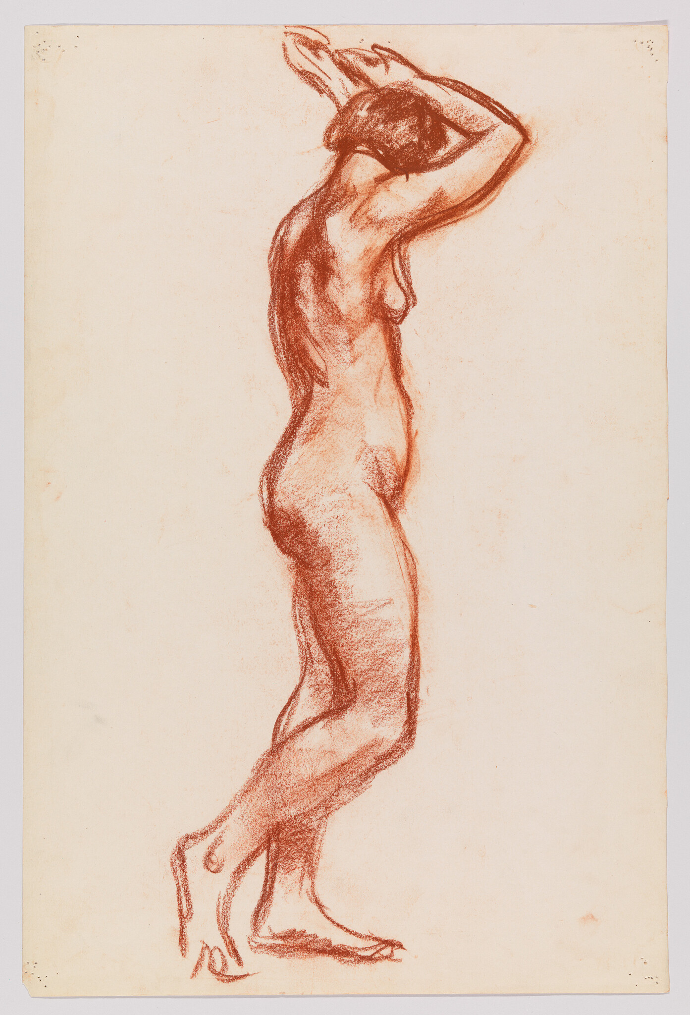 Nude woman standing on tiptoe with arms raised above her head, drawn in red chalk.