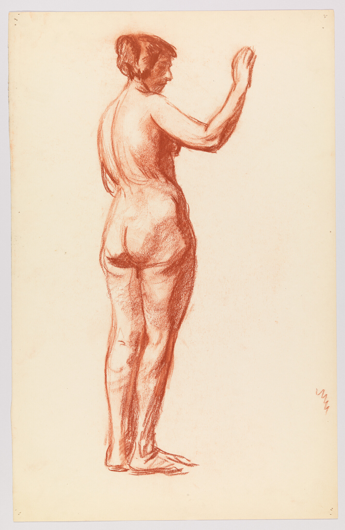 A standing nude woman drawn from behind with her right arm raised.
