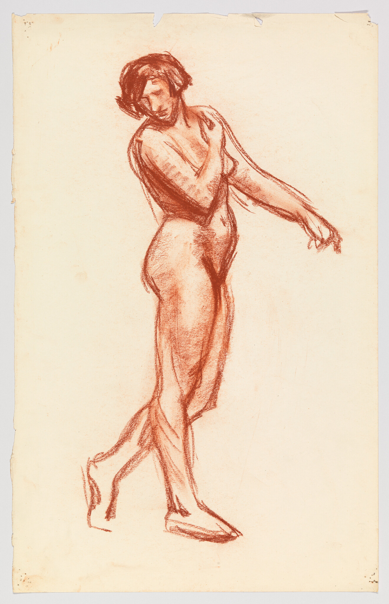 A red chalk sketch of a standing nude woman shifting her weight and extending one arm.