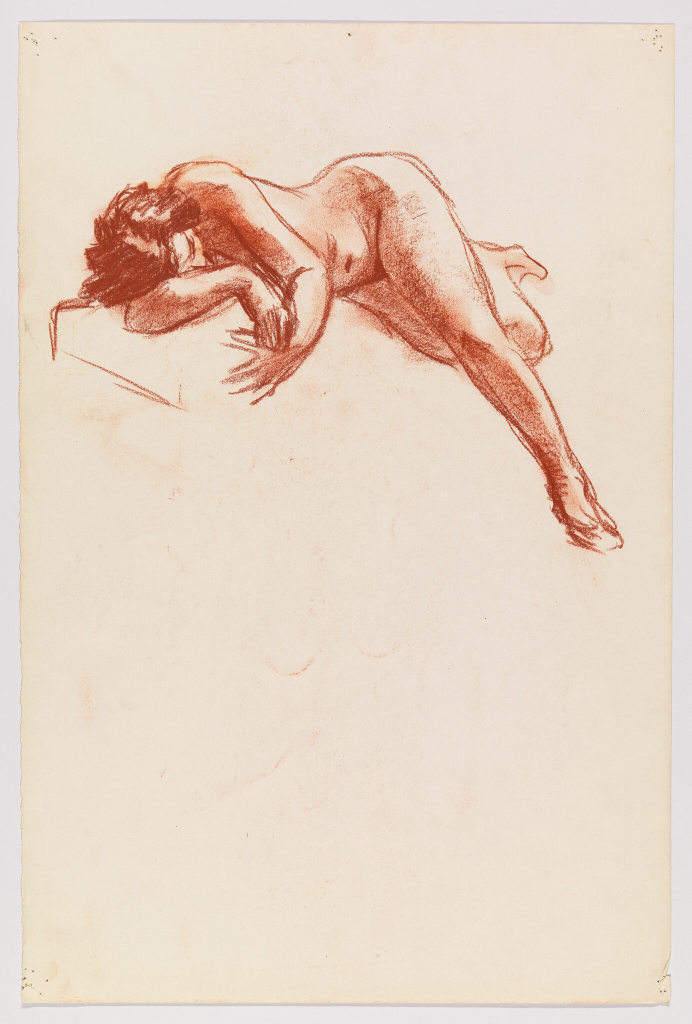 Reclining nude woman rests on a platform, one arm tucked under her head and legs extended.