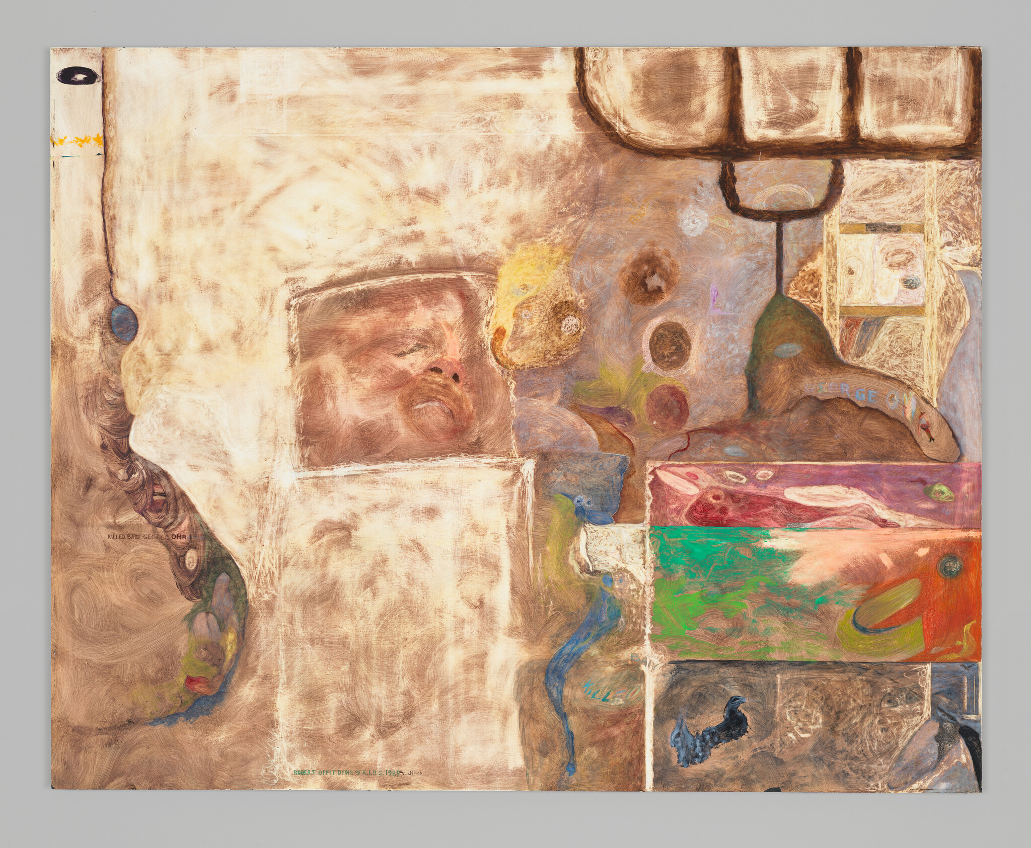 A textured abstract painting with a patchwork of various shapes and colors, featuring elements that resemble facial features and organic forms interspersed with textural brushstrokes and a muted color palette. Some areas of the canvas show thick impasto technique, while others are smoother, with hints of writing and symbols partially visible throughout the composition.