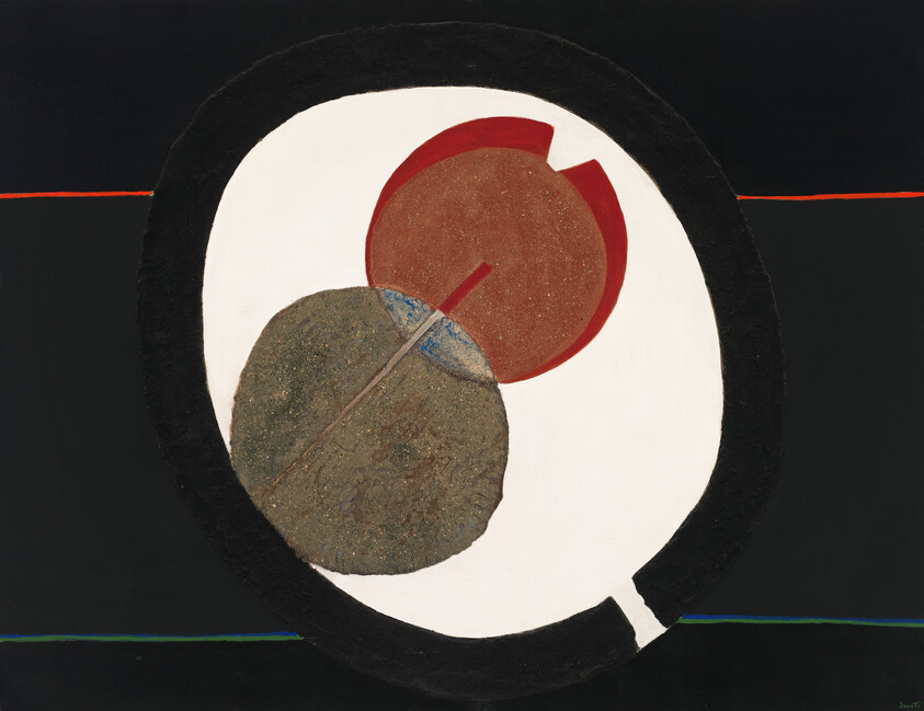 Two overlapping circular forms, one red and one textured brown, sit inside a white ring on a black background.