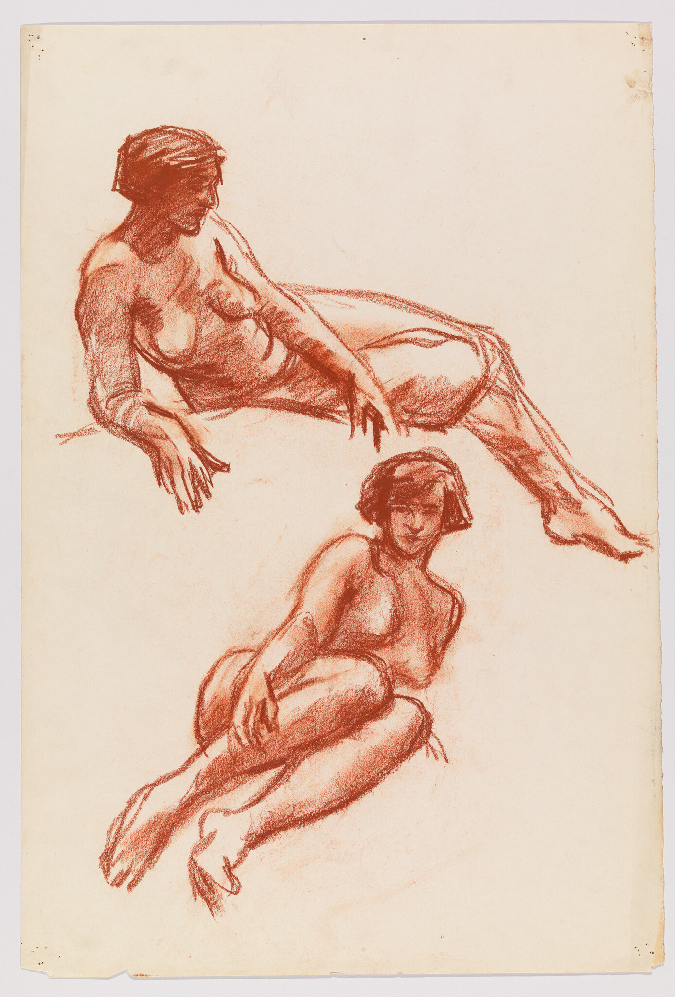 Two red chalk sketches show reclining nude women in relaxed, seated and reclining poses.