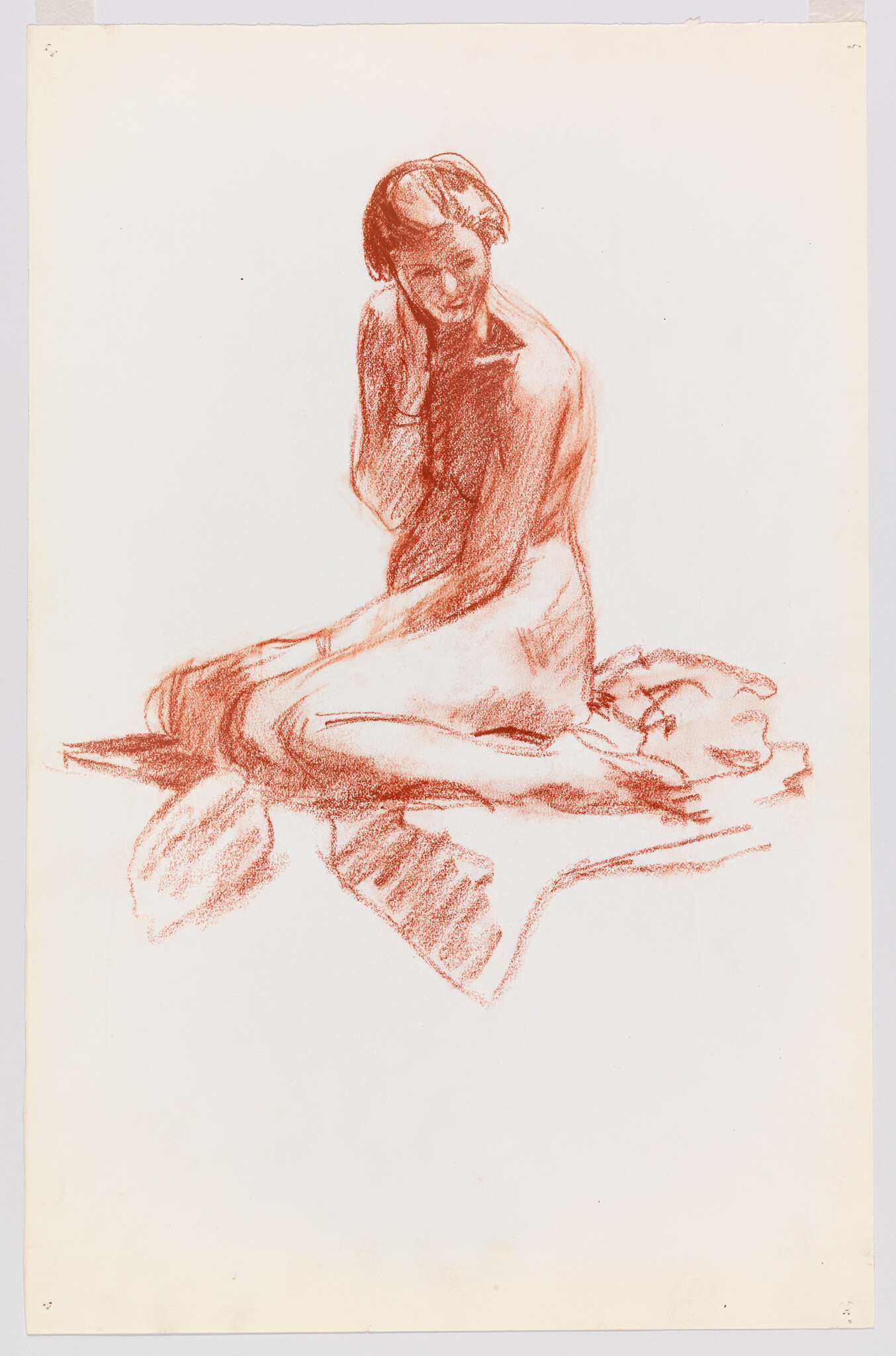 Seated woman drawn in red chalk with hand to her neck on a blanket.