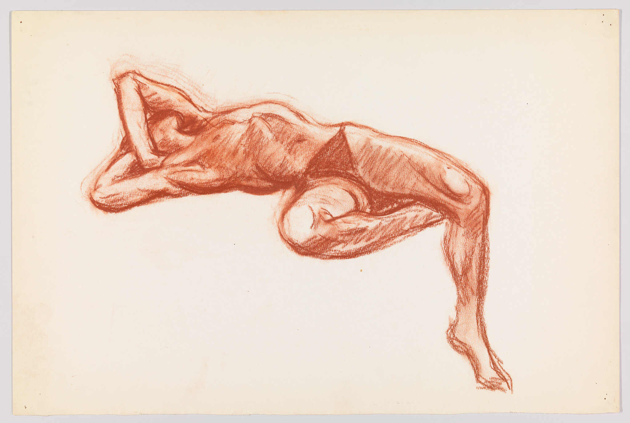 A reclining nude figure drawn in red chalk with one leg bent and arms behind head.
