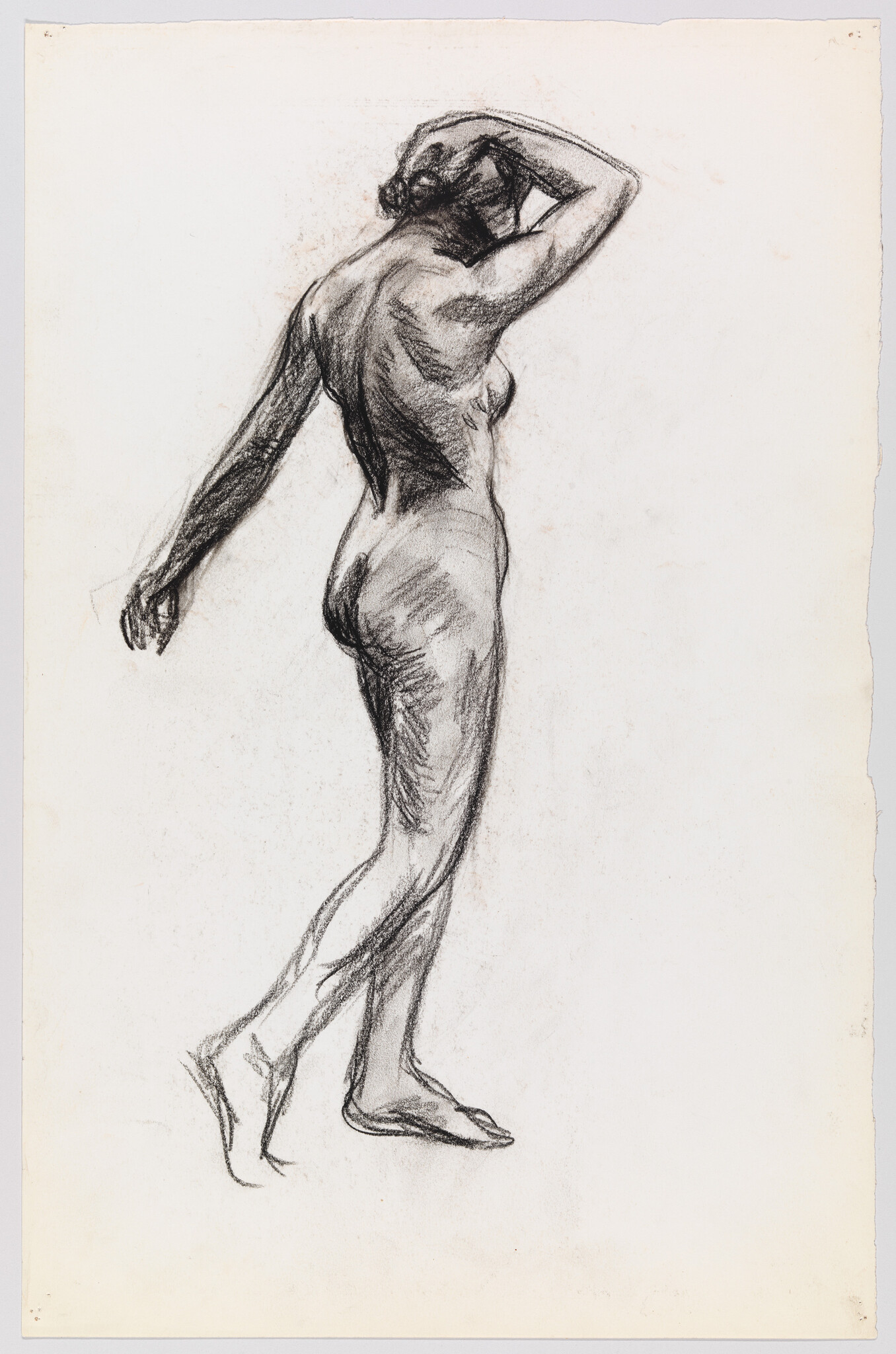 A charcoal sketch of a nude woman standing with one arm raised and weight on one foot.