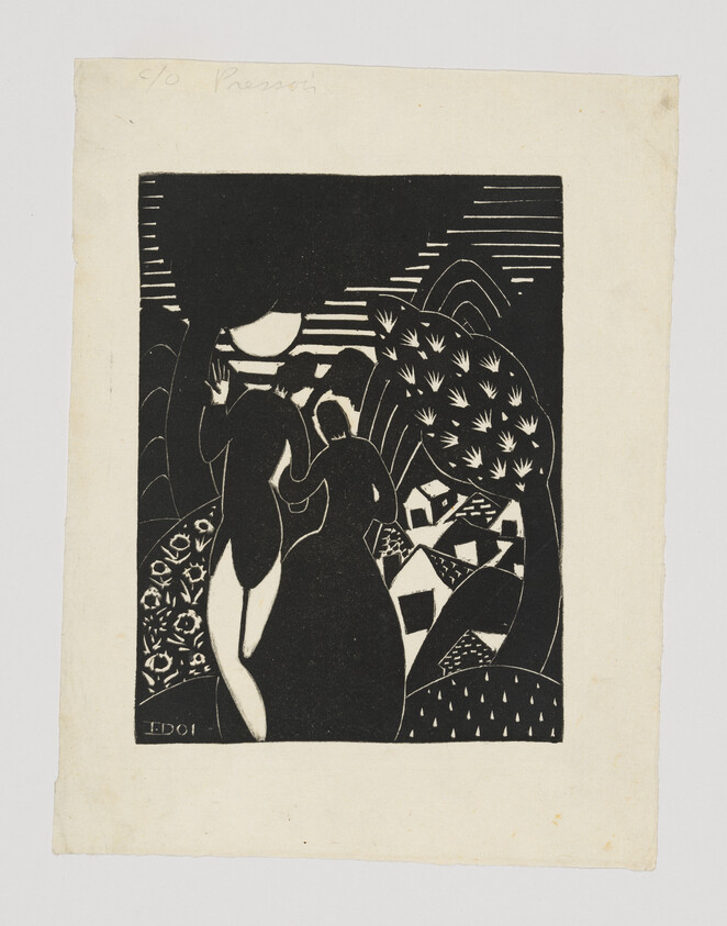 Two silhouetted figures walk together toward a moonlit village among stylized trees and hills.