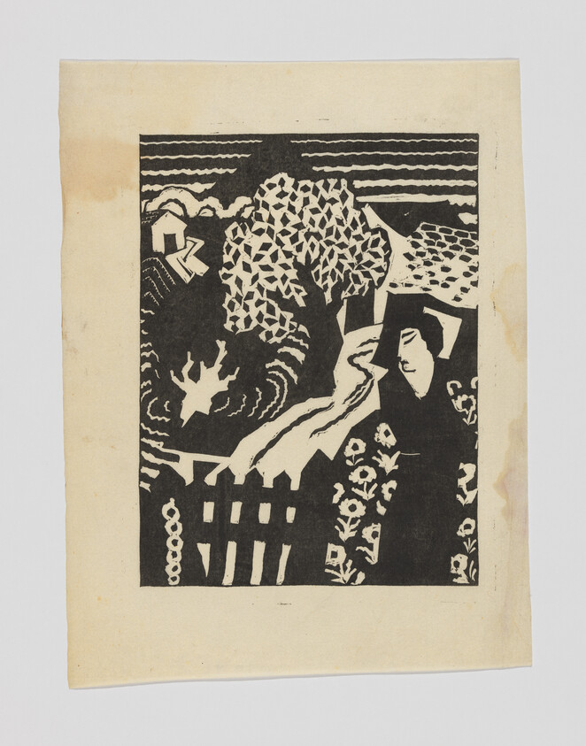 Woman standing by a picket fence near a winding path, tree, and small houses in a woodcut.