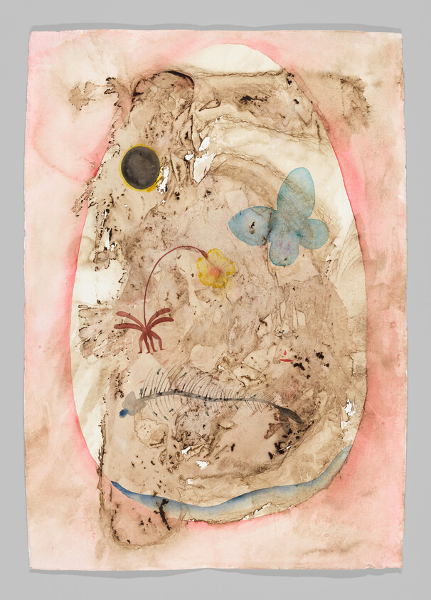 Abstract watercolor with blue butterfly, fish skeleton, black circle, and pink border suggesting an organic form.