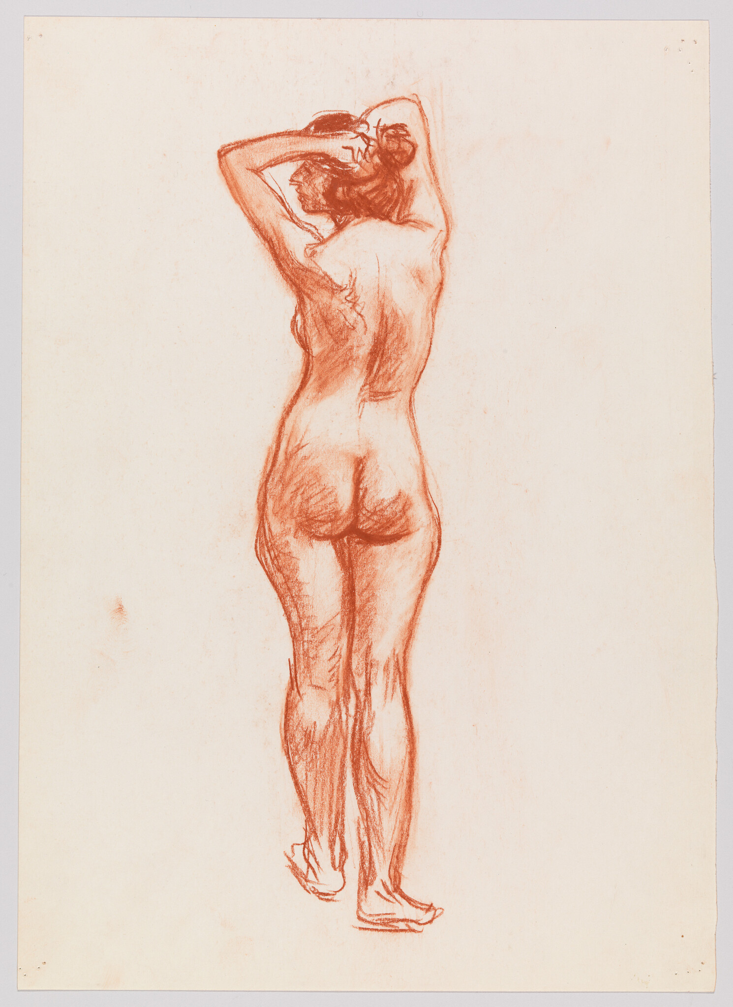 A red chalk drawing of a standing nude woman seen from the back arranging her hair.
