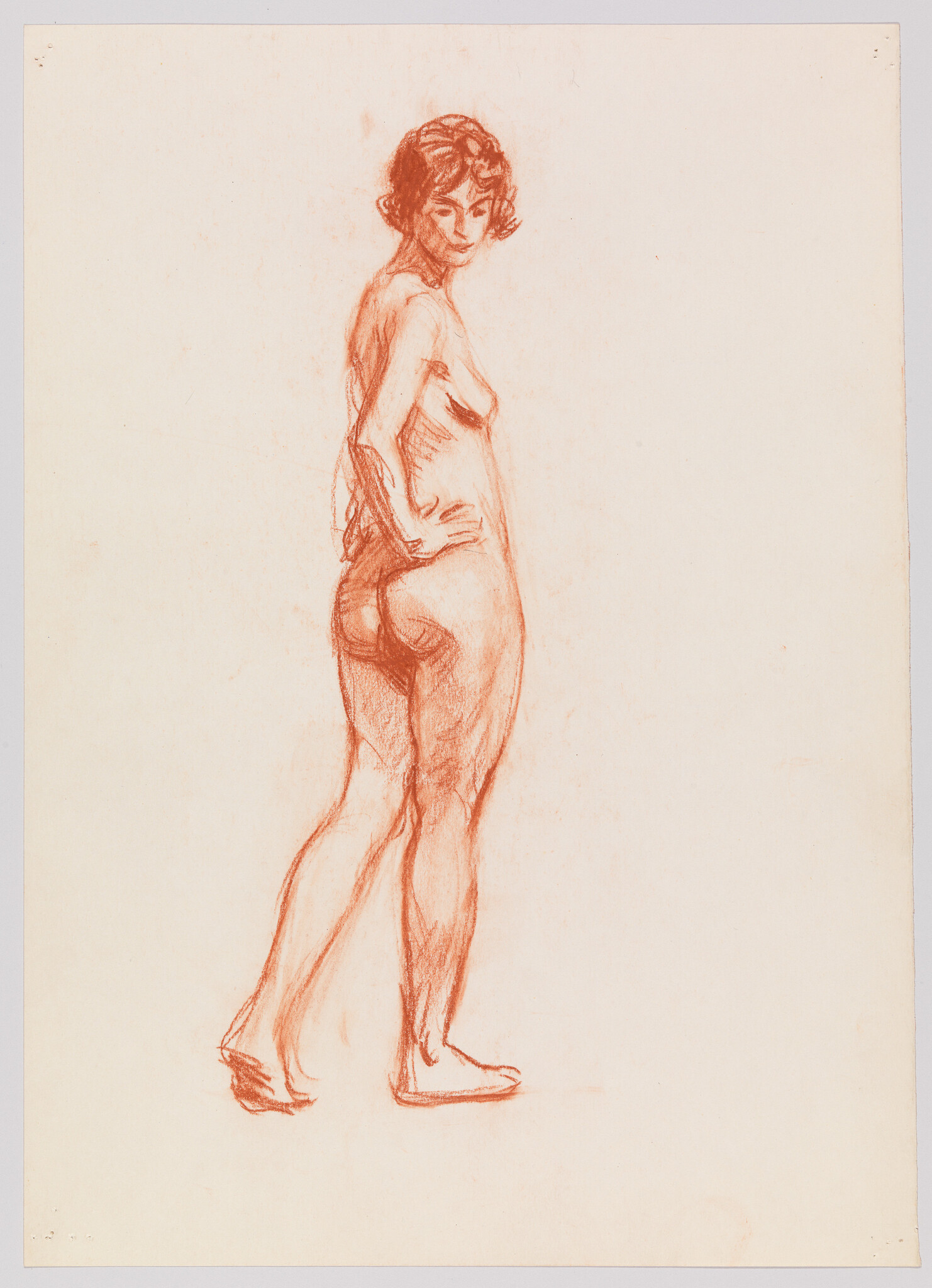 Standing nude woman sketch in red chalk looking over her shoulder with hands on hips.