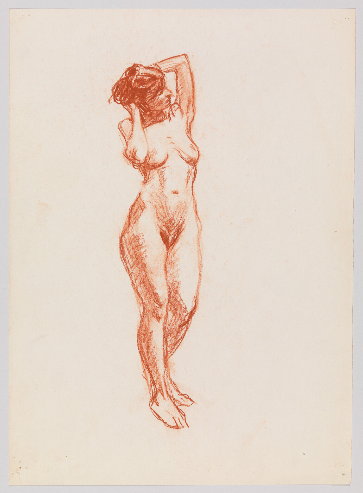 Nude woman stands with arms raised, adjusting her hair in a red chalk drawing.