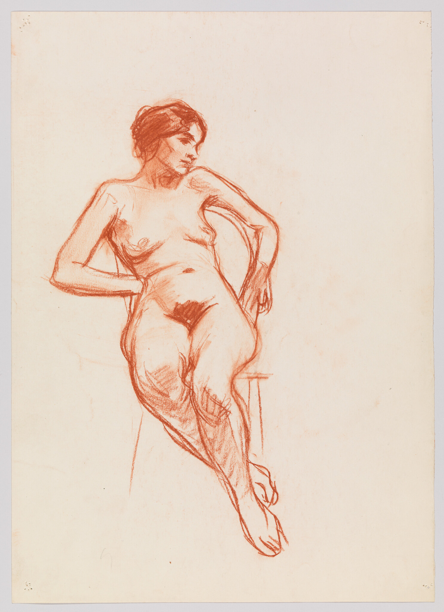 Nude woman seated on a stool, leaning back with one arm resting behind her.