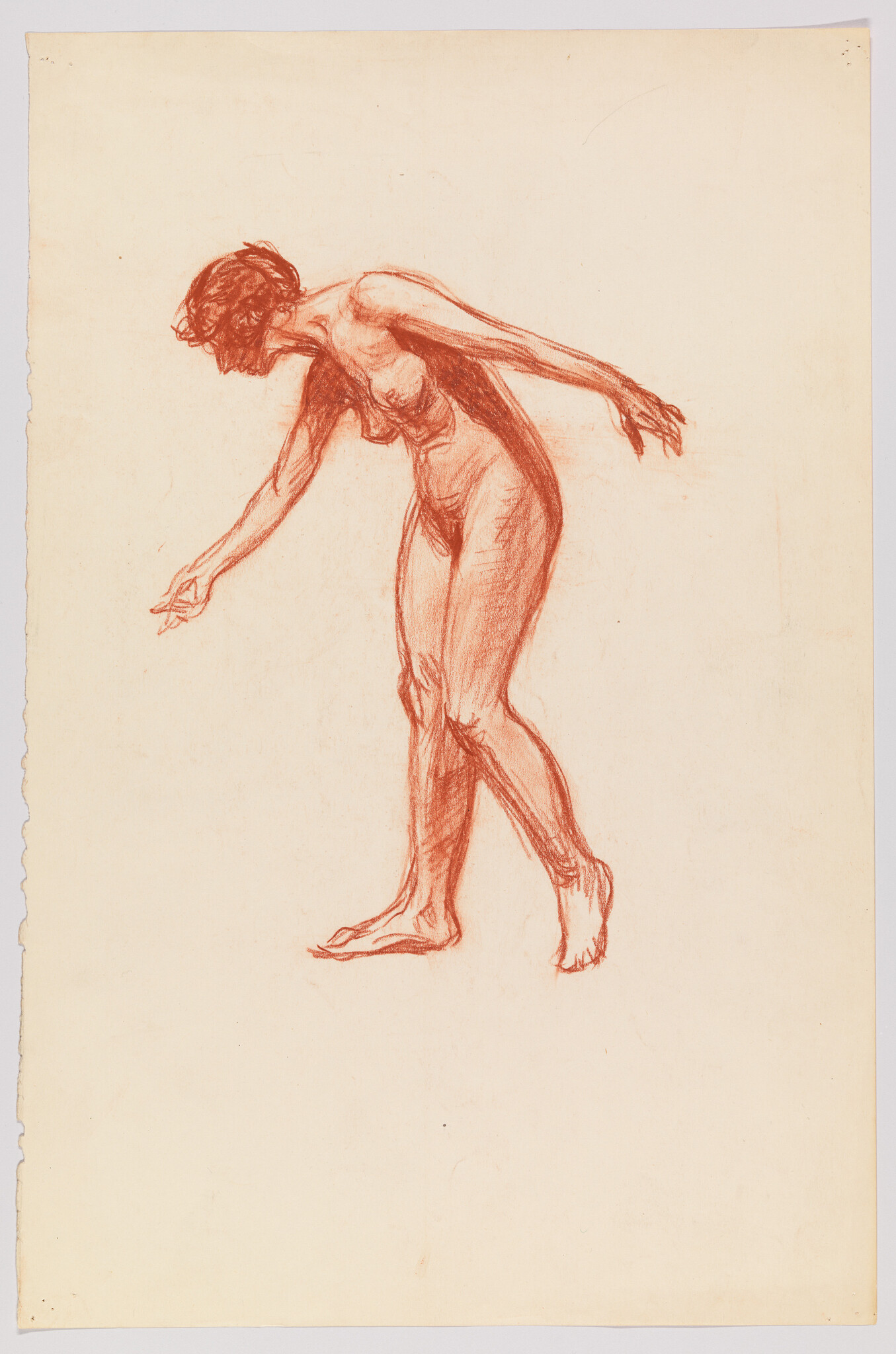 A red chalk sketch of a nude woman leaning forward with arms extended and feet grounded.
