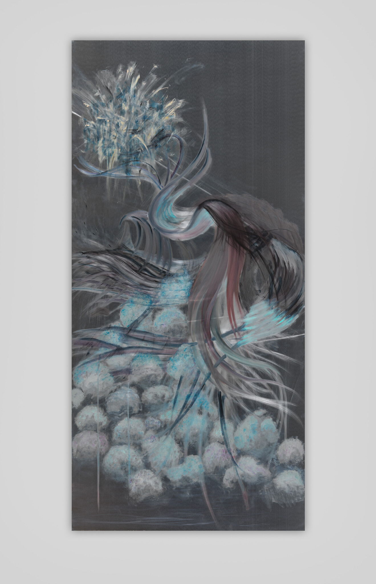 A flowing abstract bird-like figure with long feathers rises above pale blue cloud-like blossoms.