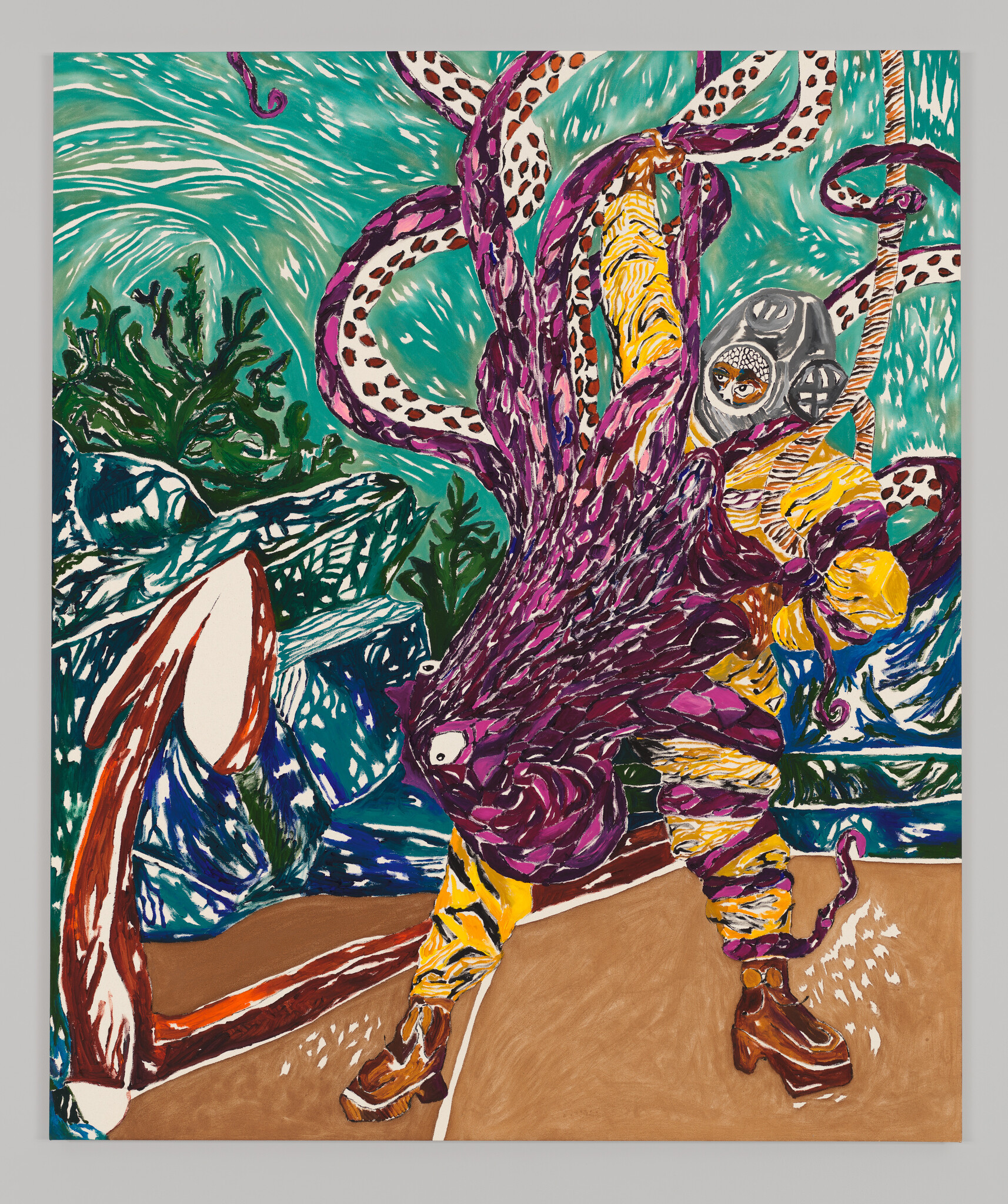 A person in a gas mask struggles as purple tentacles wrap around their body near rocky water.