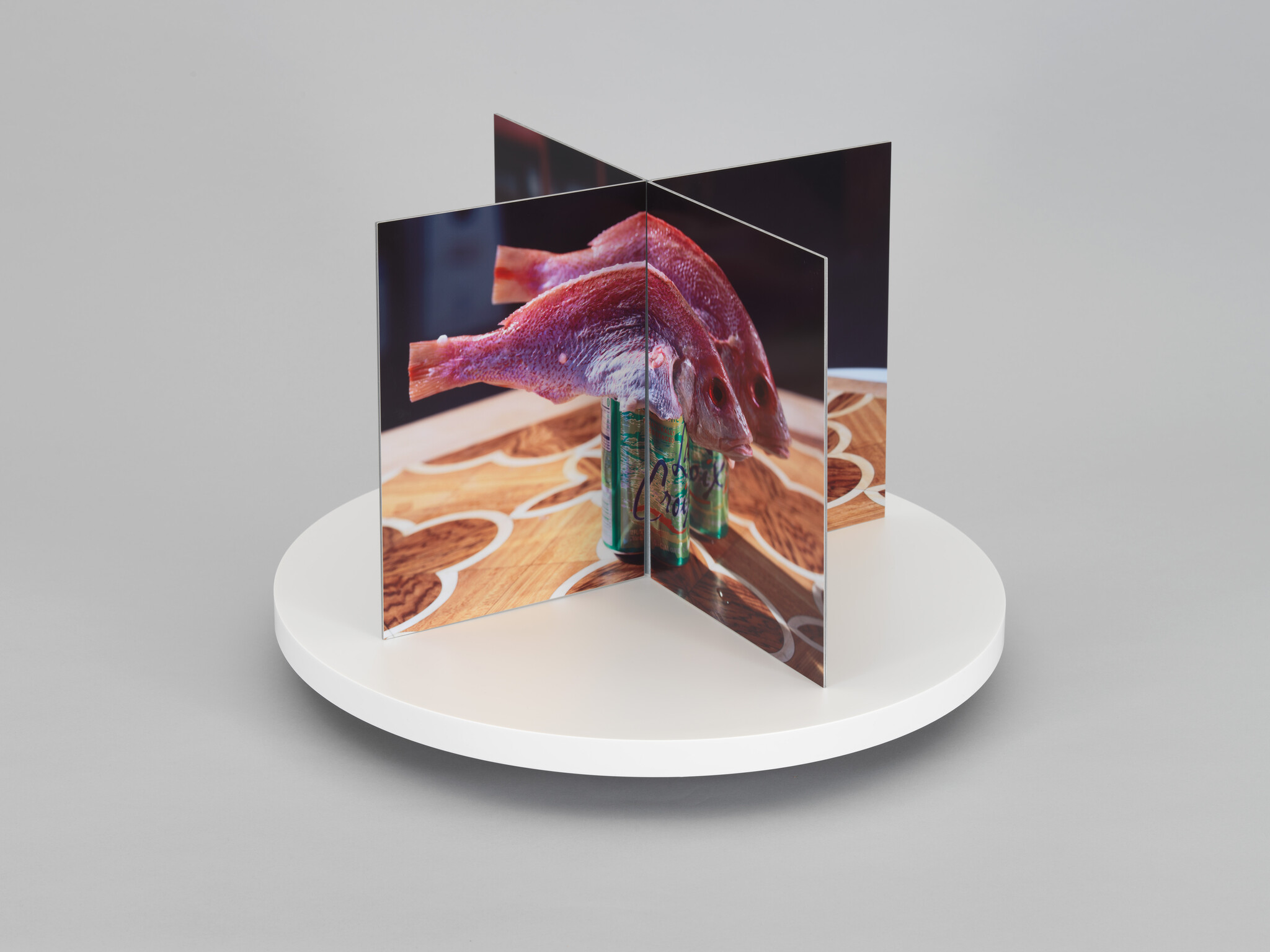 Two red fish heads balanced on soda cans reflected across four standing mirrors on a round platform.