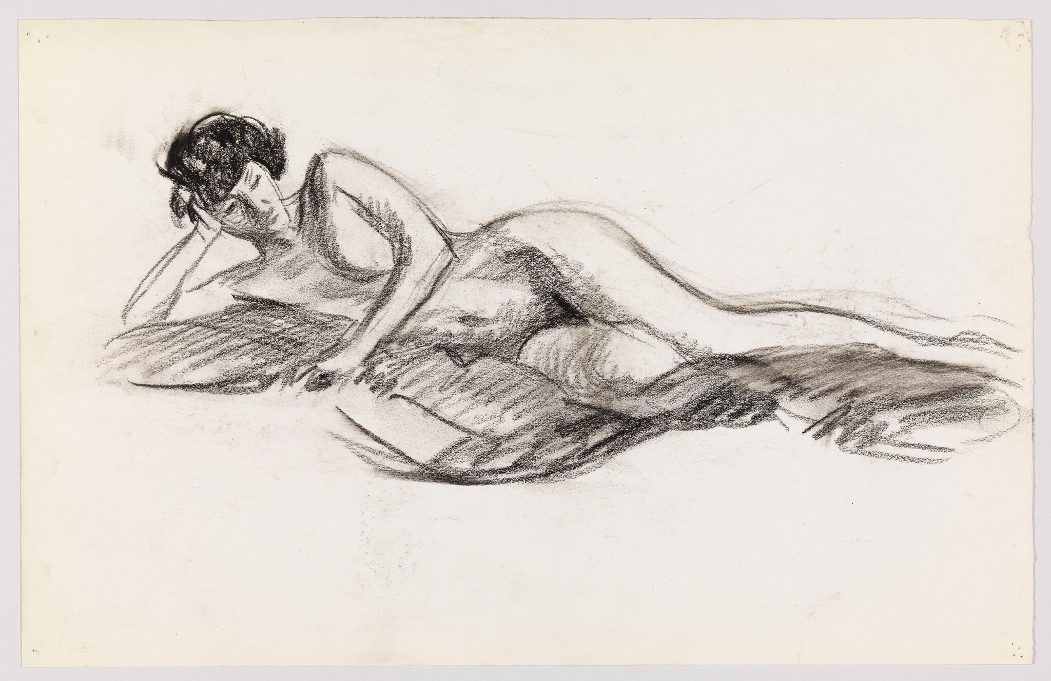 A reclining nude woman rests on her side with her head propped on her hand.
