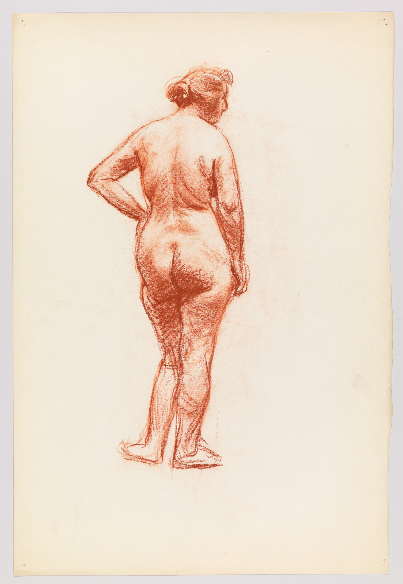 Red chalk drawing shows a standing nude woman from the back with one hand on her hip.