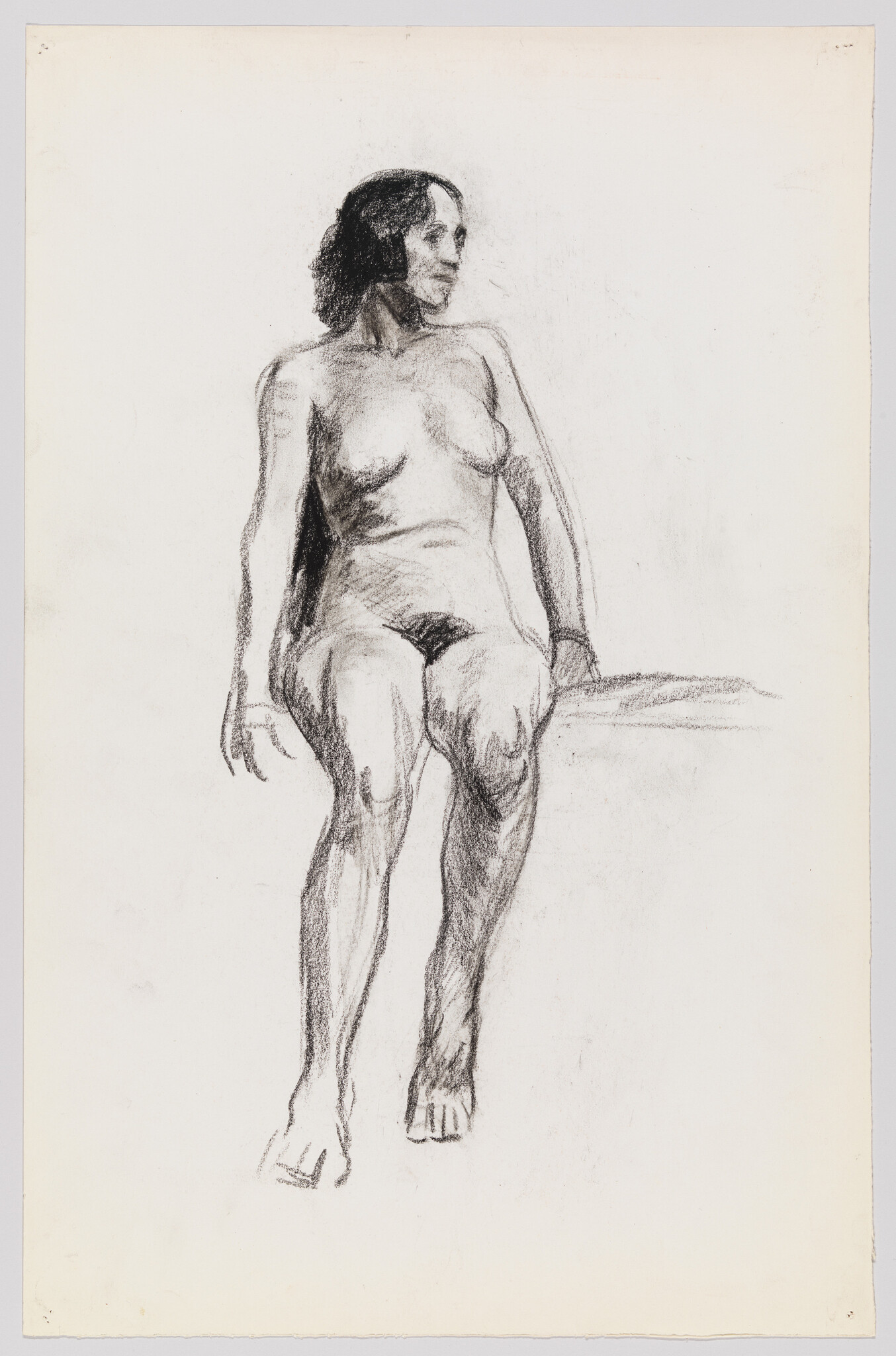 A charcoal sketch shows a seated nude woman looking to the right.