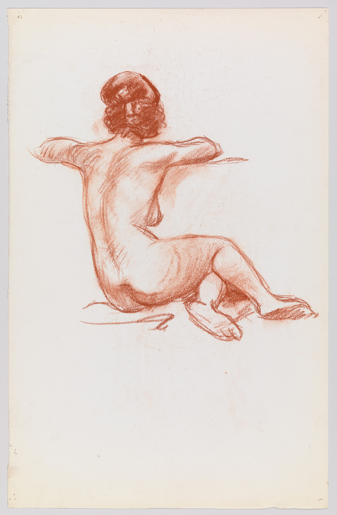 Red chalk drawing of a nude woman seated with her back turned and arms resting.