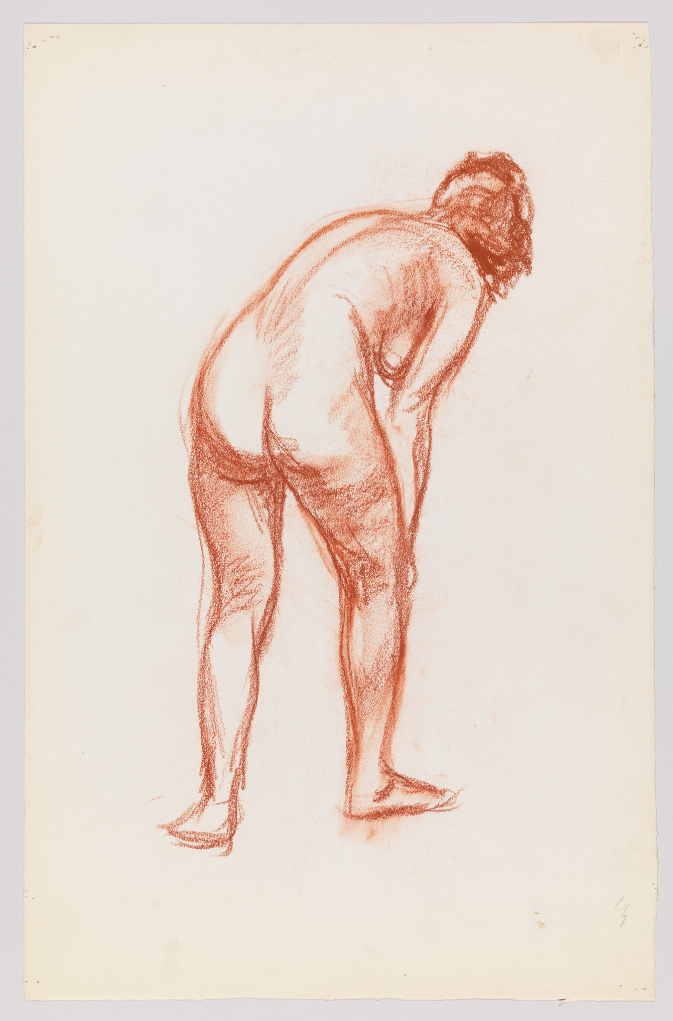 A nude woman bending forward with weight on her legs, drawn in red chalk.
