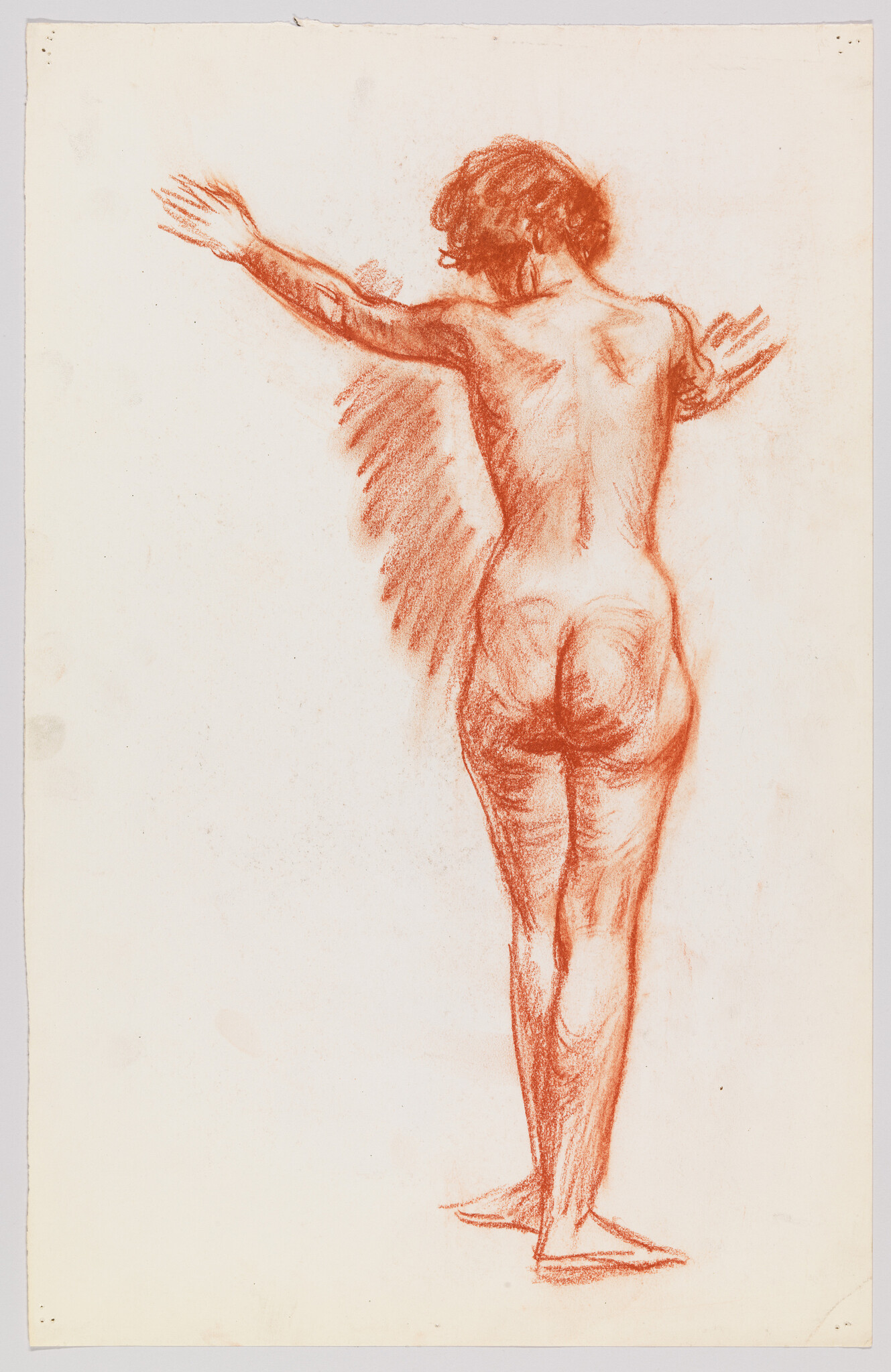 A red chalk sketch of a nude person standing seen from the back with arms outstretched.